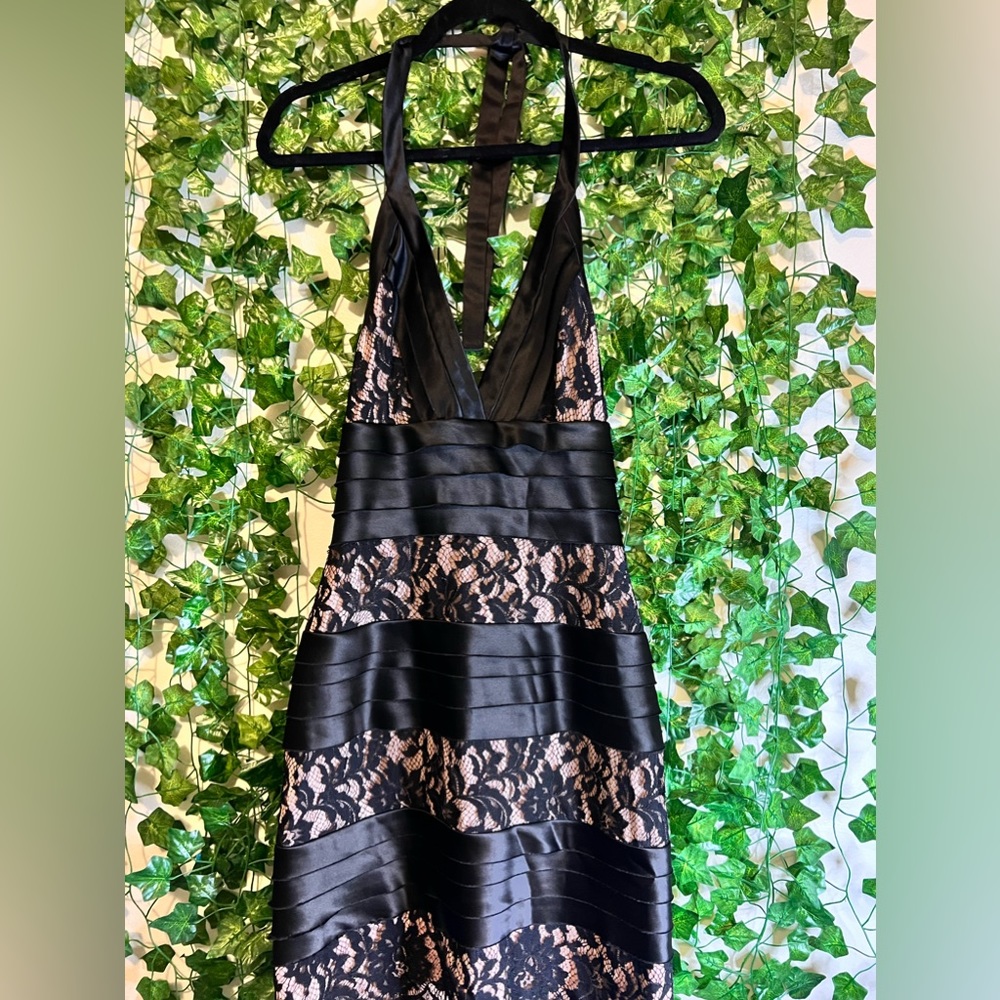 Black satin halter with lace dress
